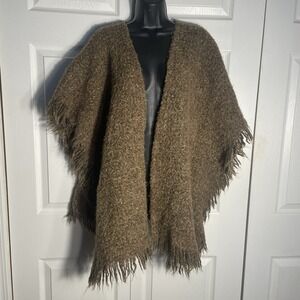 Vintage ECHO Wool Blend Shawl Poncho Brown Fringed Chunky Knit Made In Ireland